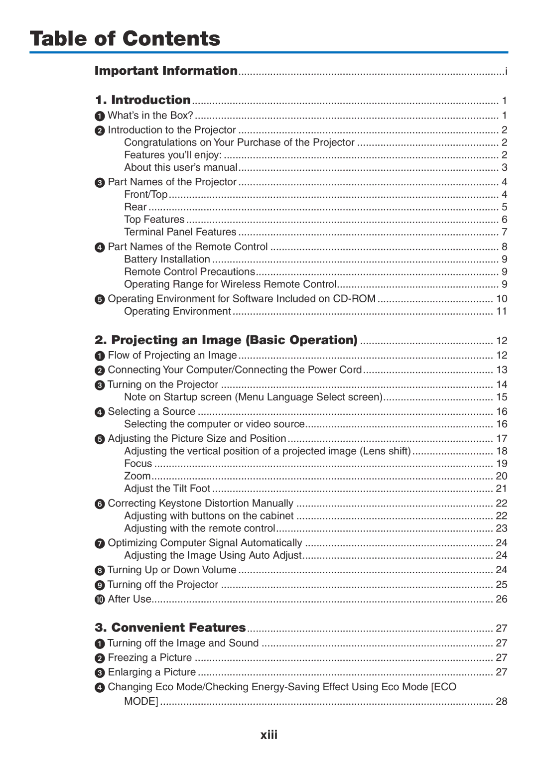 NEC NP-P420X, NP-P350X, NP-P350W user manual Table of Contents 