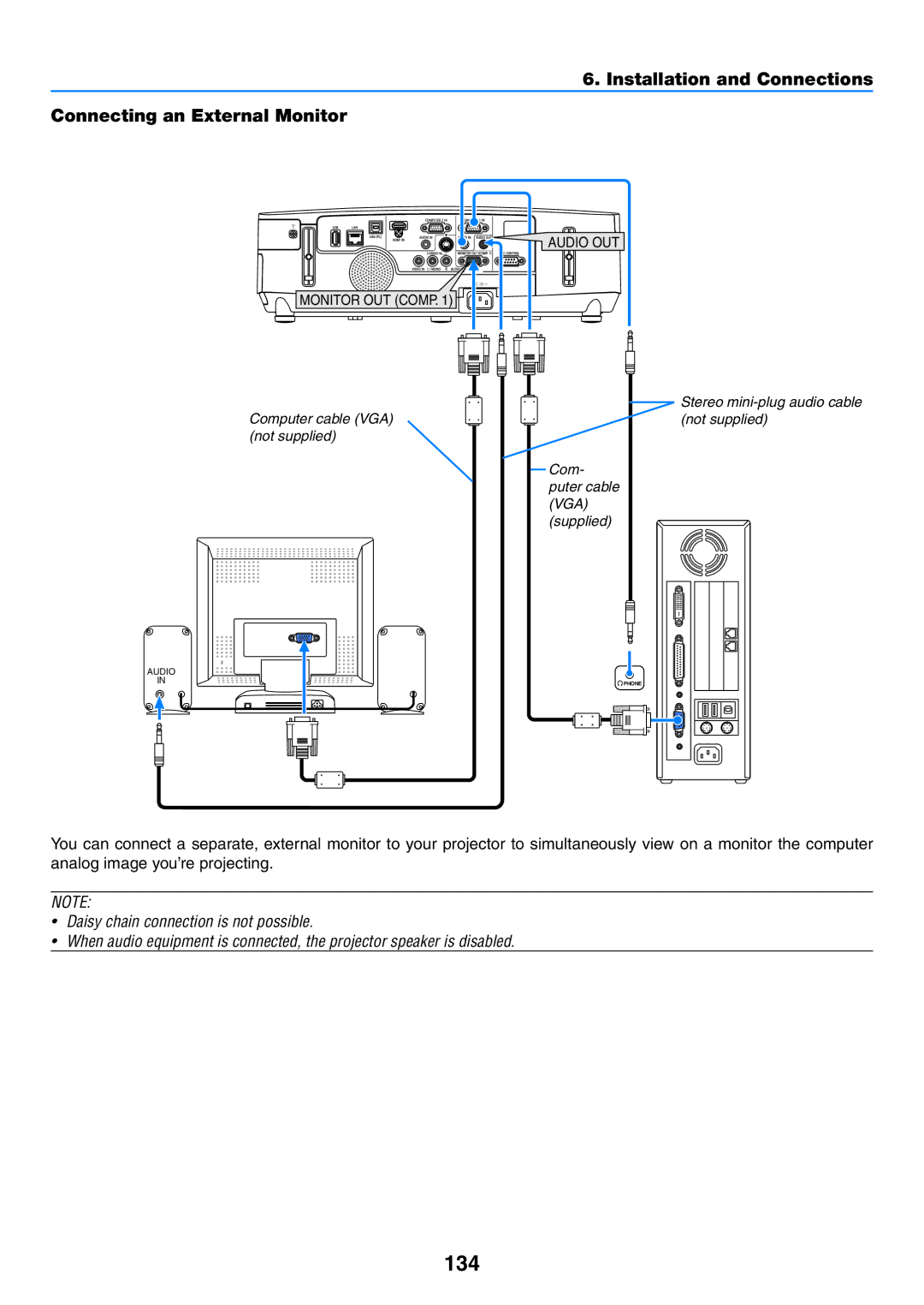 NEC NP-P350W, NP-P420X, NP-P350X user manual 134, Installation and Connections Connecting an External Monitor 