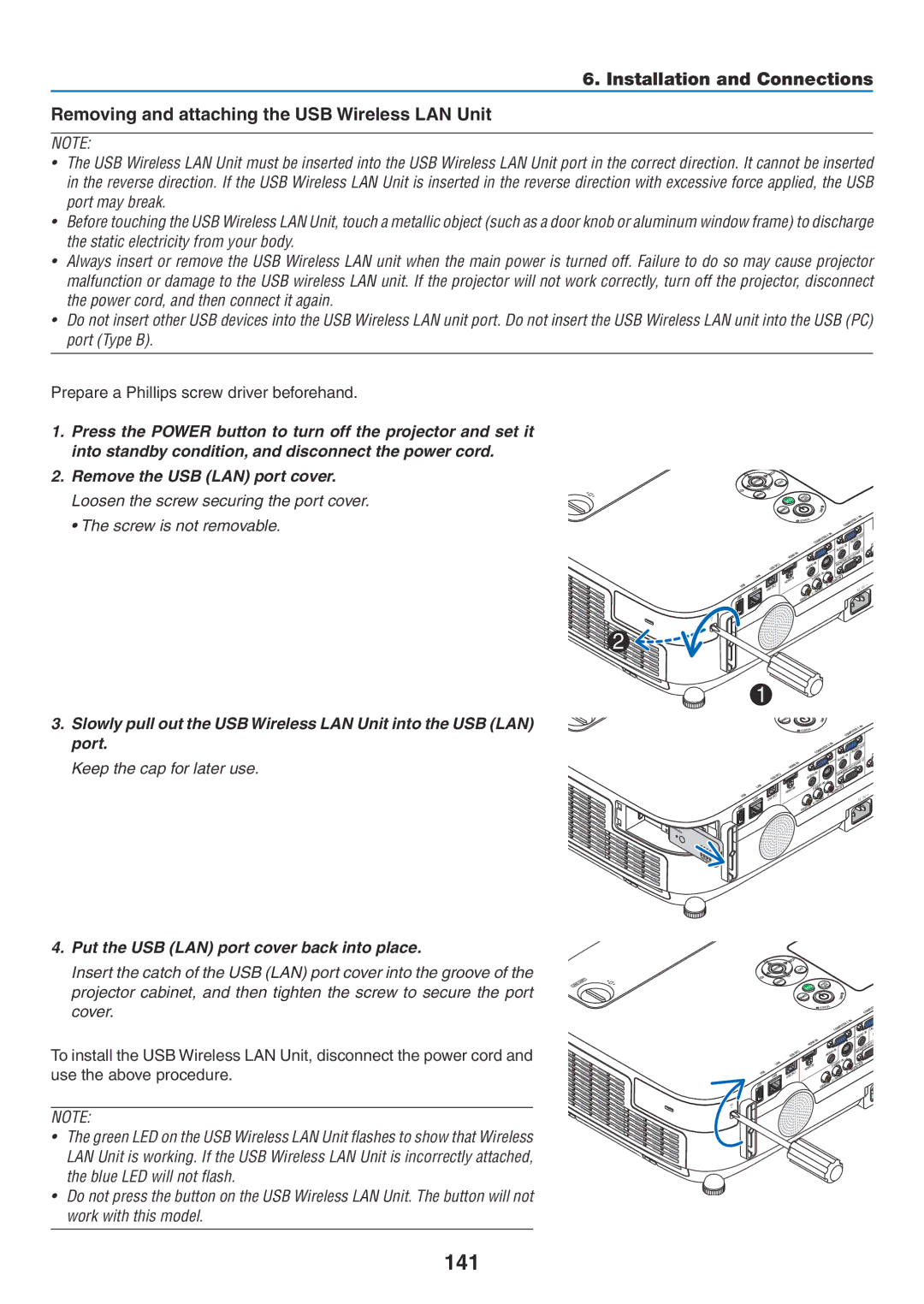 NEC NP-P420X, NP-P350X 141, Prepare a Phillips screw driver beforehand, Put the USB LAN port cover back into place 