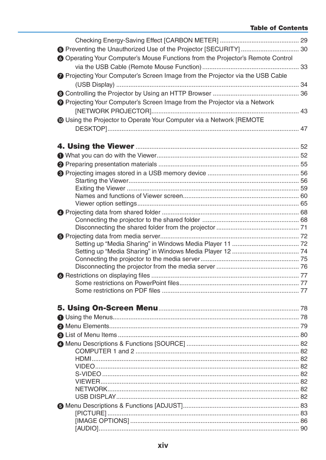 NEC NP-P350X, NP-P420X, NP-P350W user manual Xiv, Table of Contents 