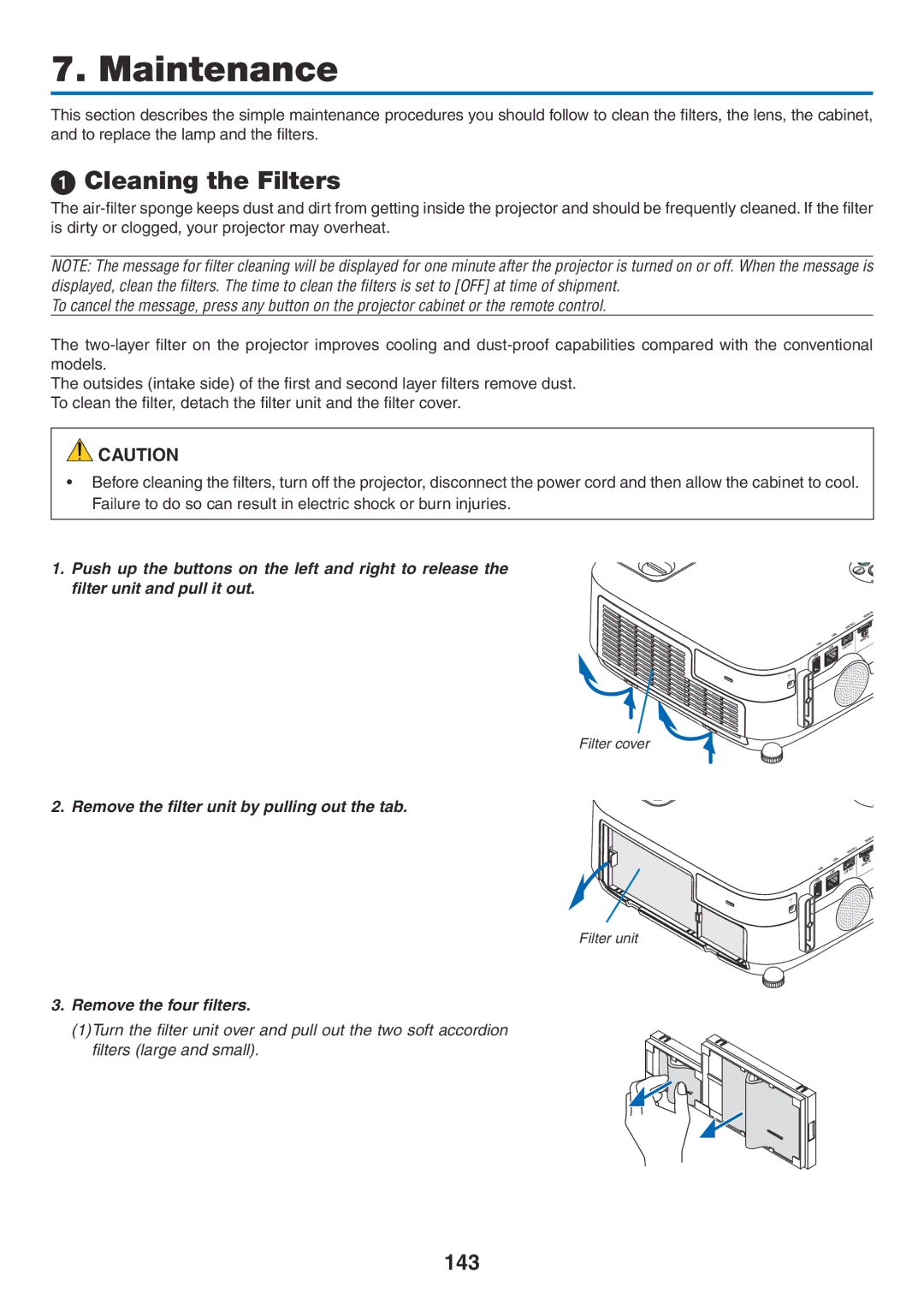 NEC NP-P350W, NP-P420X  Cleaning the Filters, 143, Remove the filter unit by pulling out the tab, Remove the four filters 