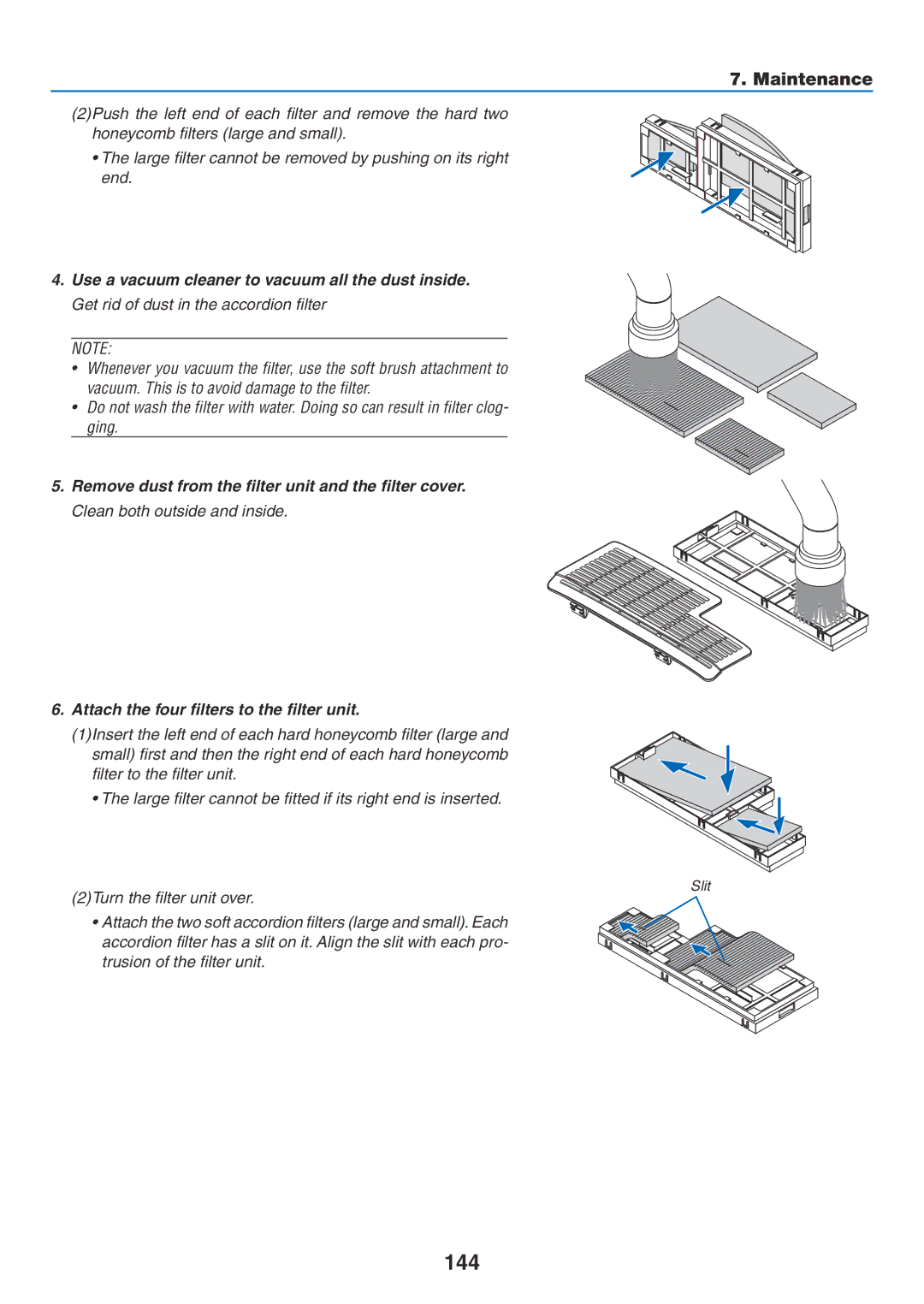 NEC NP-P420X, NP-P350X, NP-P350W user manual 144, Maintenance, Use a vacuum cleaner to vacuum all the dust inside 