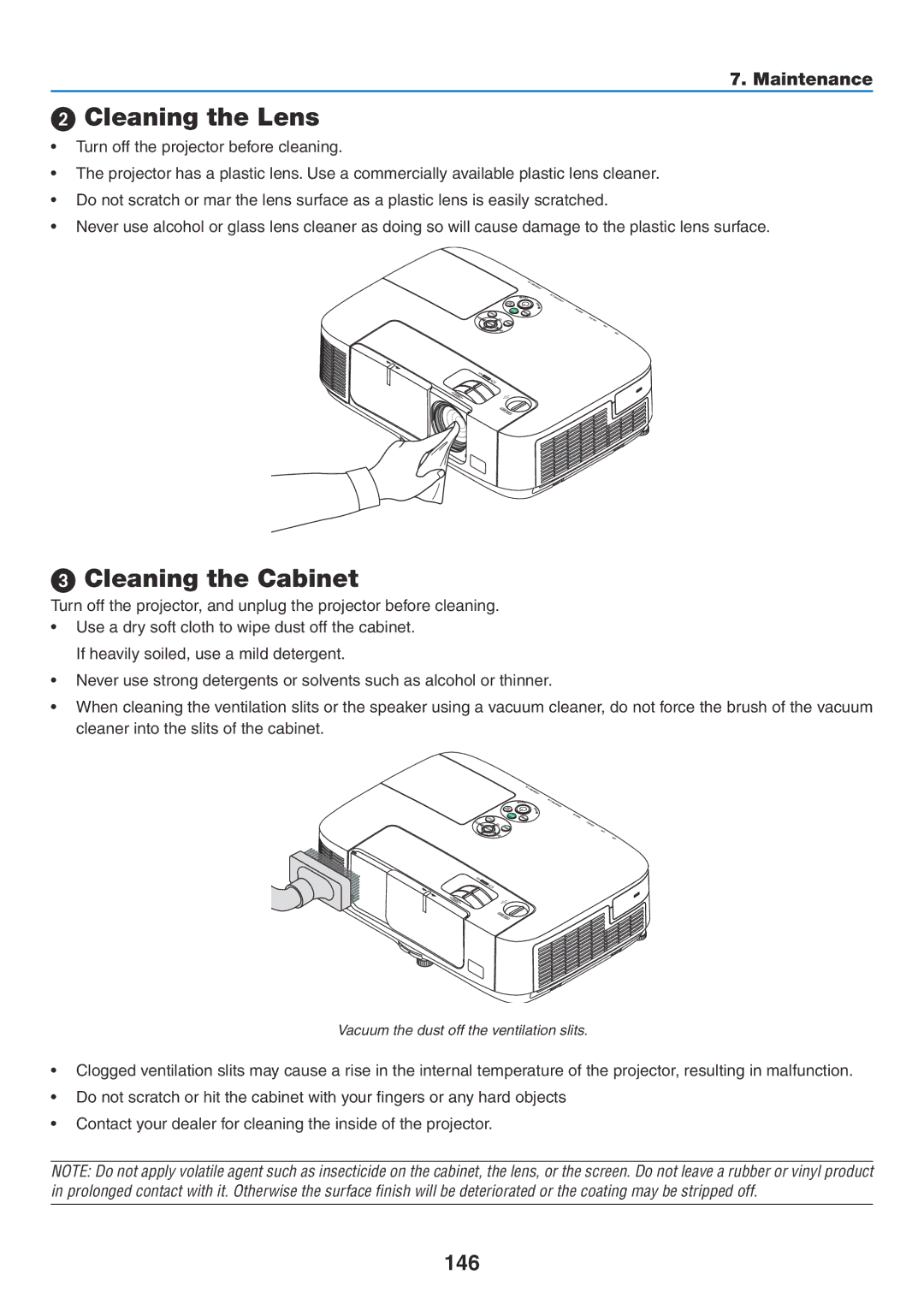 NEC NP-P350W, NP-P420X, NP-P350X user manual Cleaning the Lens, Cleaning the Cabinet, 146 