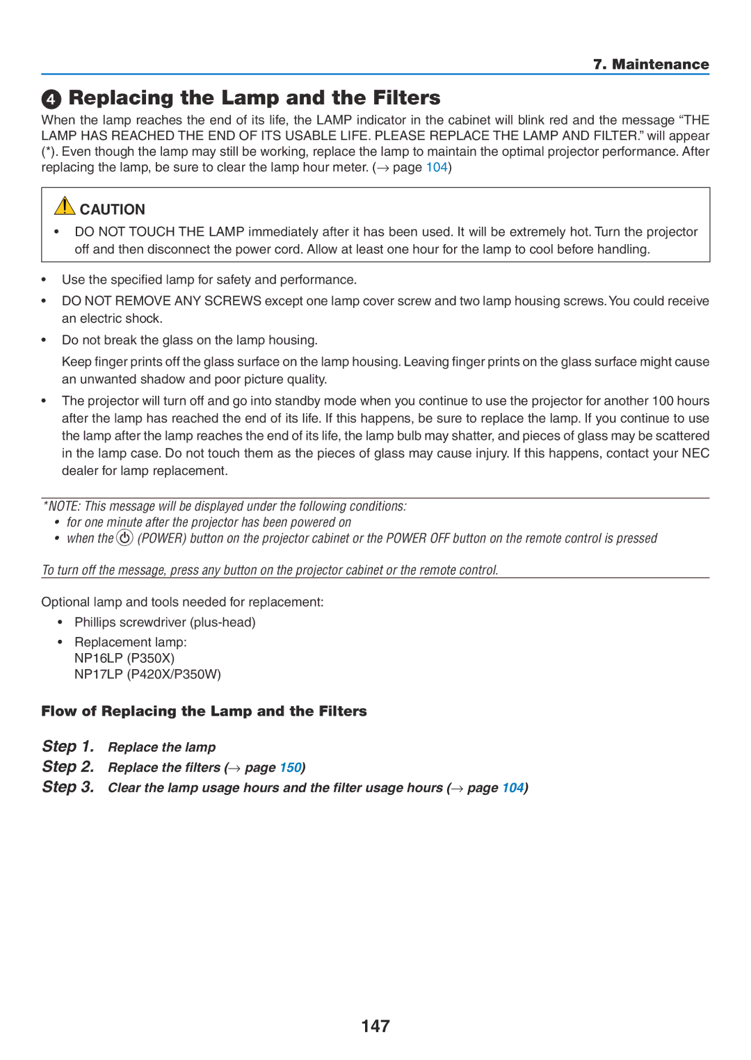 NEC NP-P420X, NP-P350X, NP-P350W user manual 147, Flow of Replacing the Lamp and the Filters 