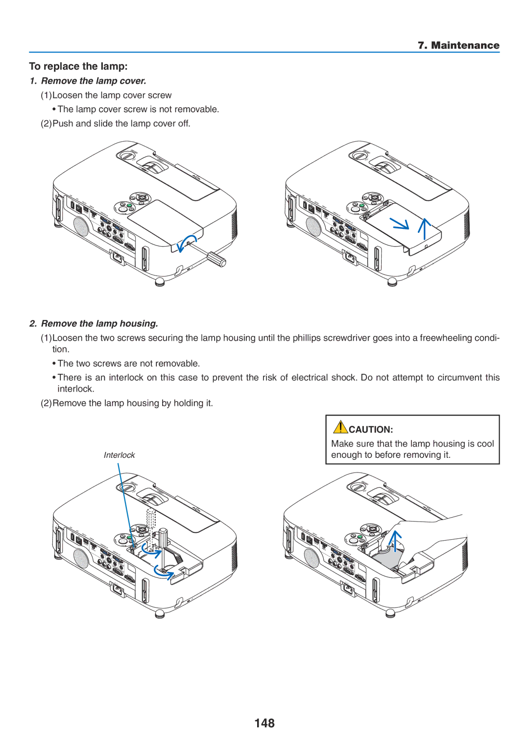 NEC NP-P350X, NP-P420X, NP-P350W 148, Maintenance To replace the lamp, Remove the lamp cover, Remove the lamp housing 