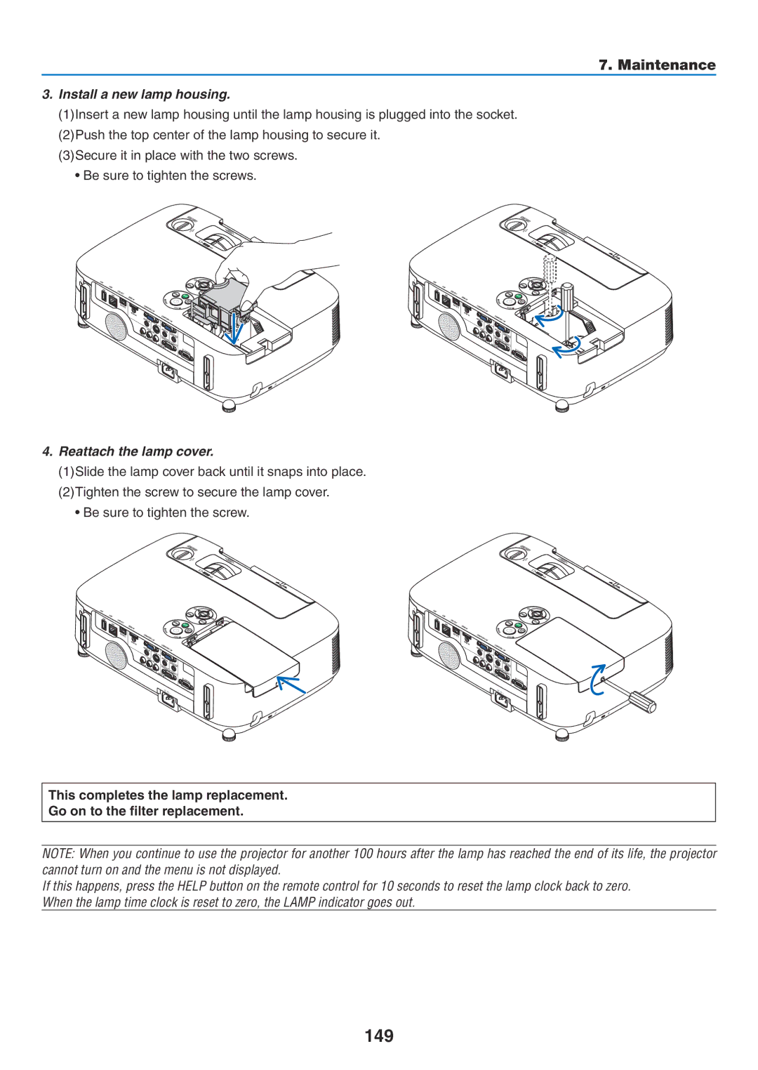 NEC NP-P350W, NP-P420X, NP-P350X user manual 149, Install a new lamp housing, Reattach the lamp cover 