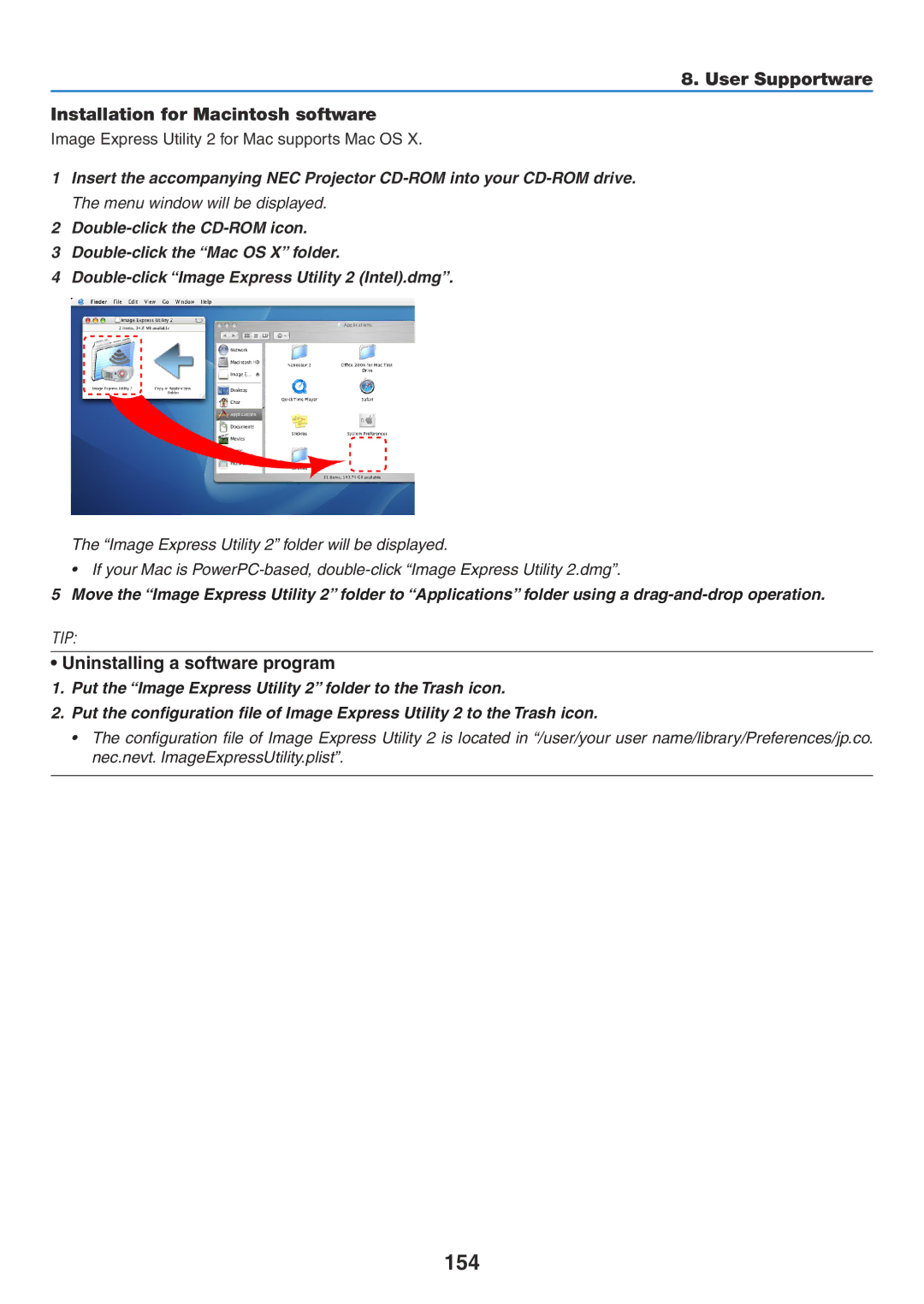 NEC NP-P350X 154, User Supportware Installation for Macintosh software, Image Express Utility 2 for Mac supports Mac OS 