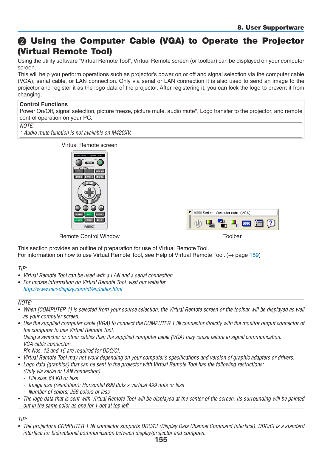 NEC NP-P350W, NP-P420X, NP-P350X user manual 155, Control Functions, Remote Control Window 