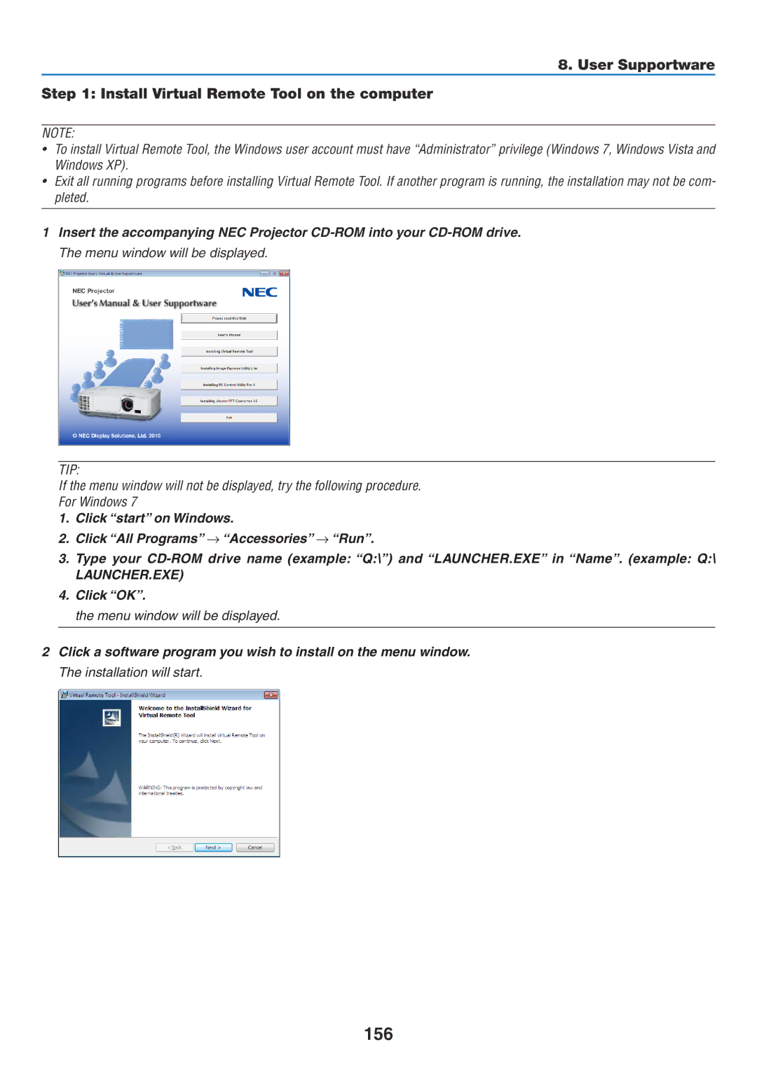 NEC NP-P420X, NP-P350X, NP-P350W user manual 156, User Supportware Install Virtual Remote Tool on the computer 