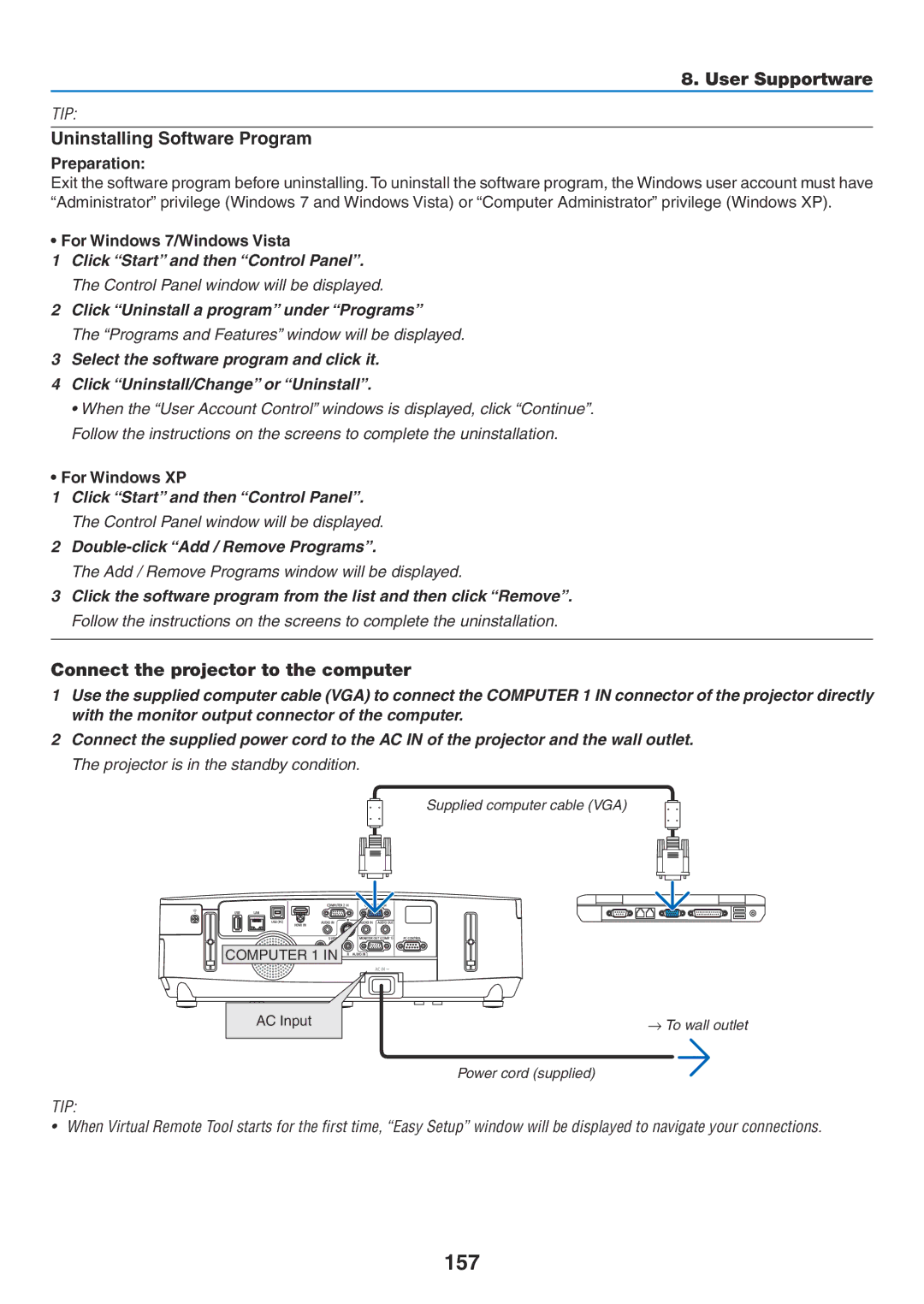 NEC NP-P350X, NP-P420X, NP-P350W user manual 157, Uninstalling Software Program, Connect the projector to the computer 