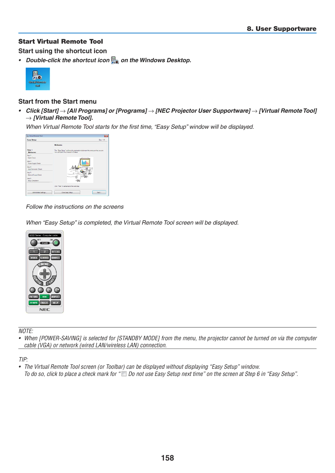 NEC NP-P350W, NP-P420X, NP-P350X 158, Start from the Start menu, Double-click the shortcut icon on the Windows Desktop 