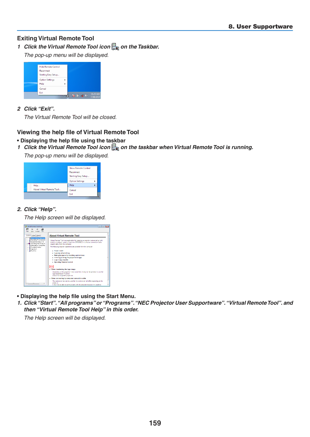 NEC NP-P420X, NP-P350X 159, User Supportware Exiting Virtual Remote Tool, Viewing the help file of Virtual Remote Tool 