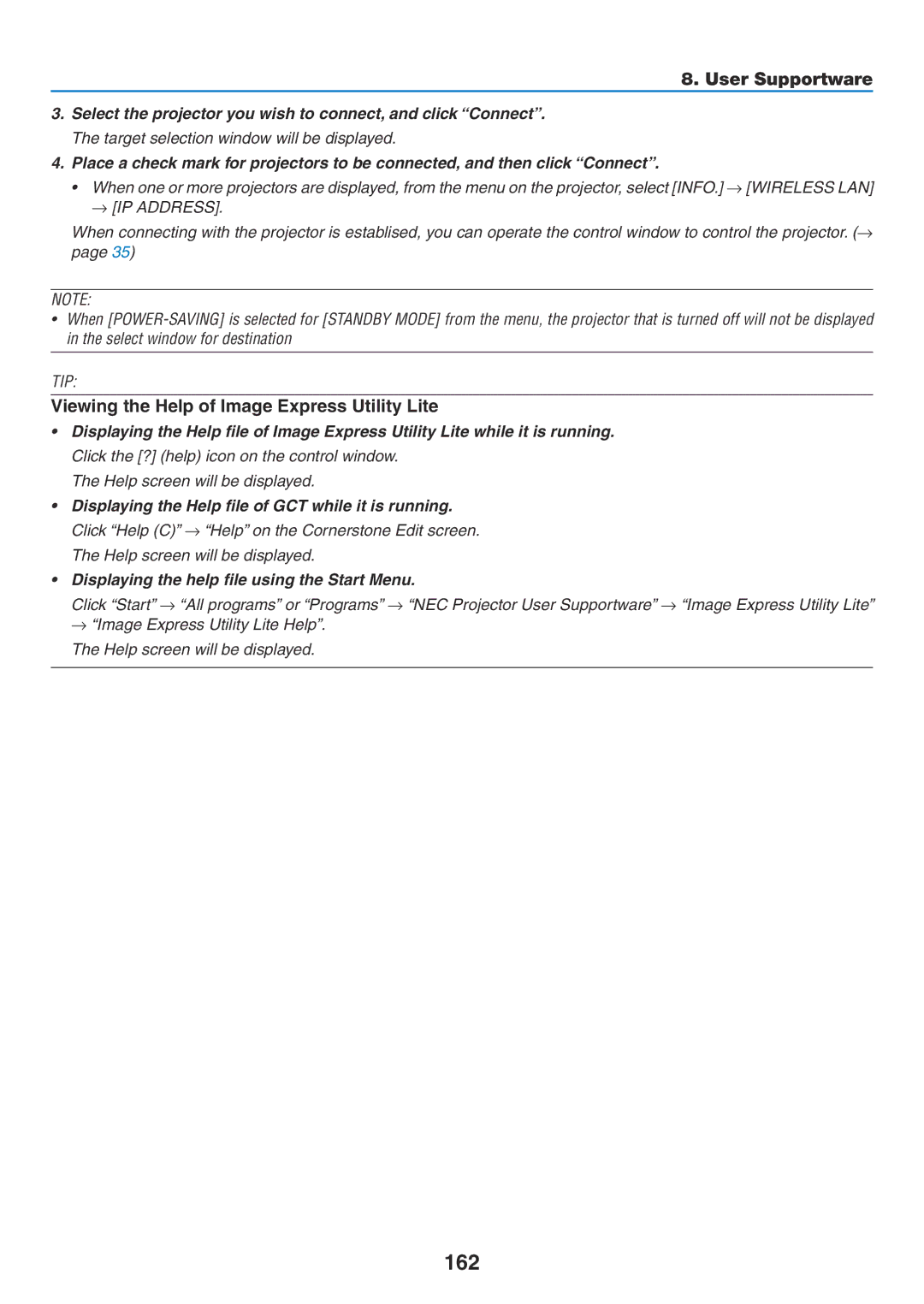 NEC NP-P420X, NP-P350X, NP-P350W user manual 162, Viewing the Help of Image Express Utility Lite 