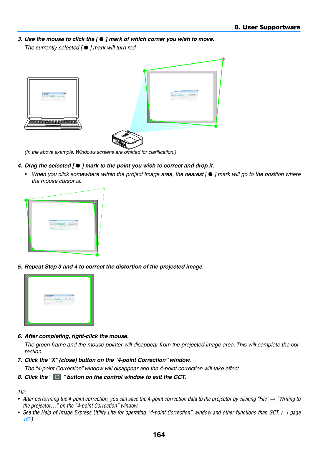 NEC NP-P350W, NP-P420X, NP-P350X user manual 164, Click the X close button on the 4-point Correction window 