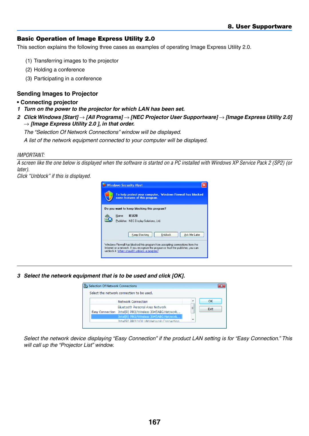 NEC NP-P350W, NP-P420X, NP-P350X user manual 167, User Supportware Basic Operation of Image Express Utility 