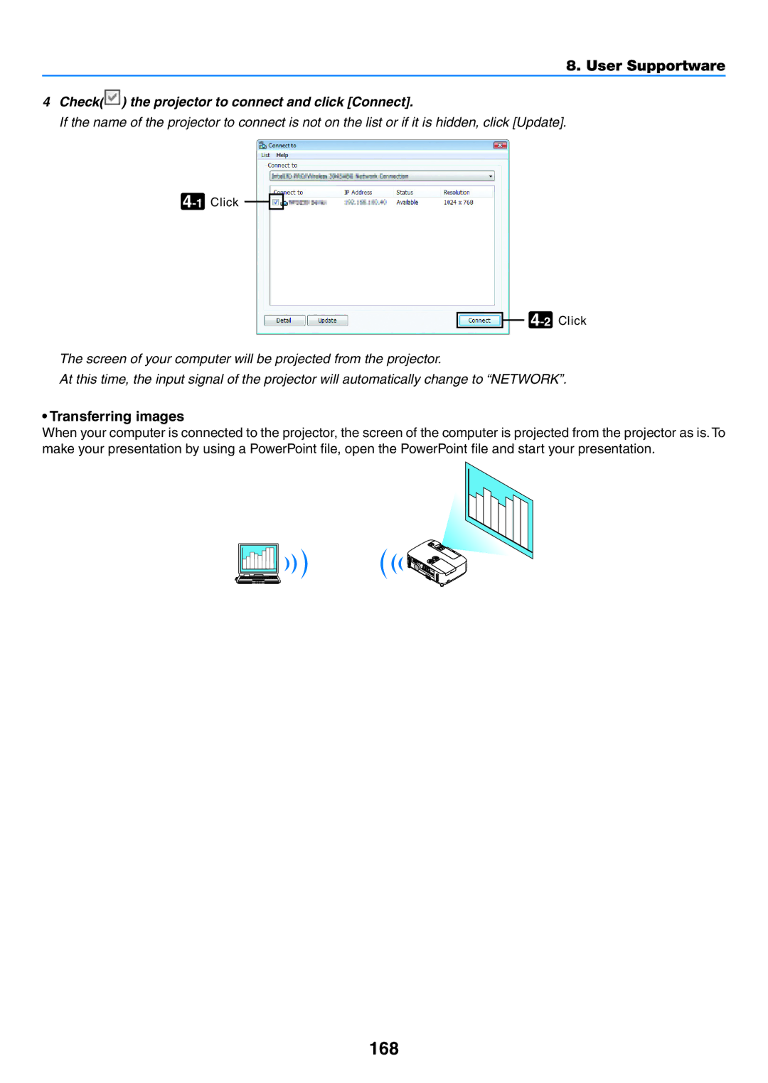 NEC NP-P420X, NP-P350X, NP-P350W user manual 168, Transferring images, Check the projector to connect and click Connect 