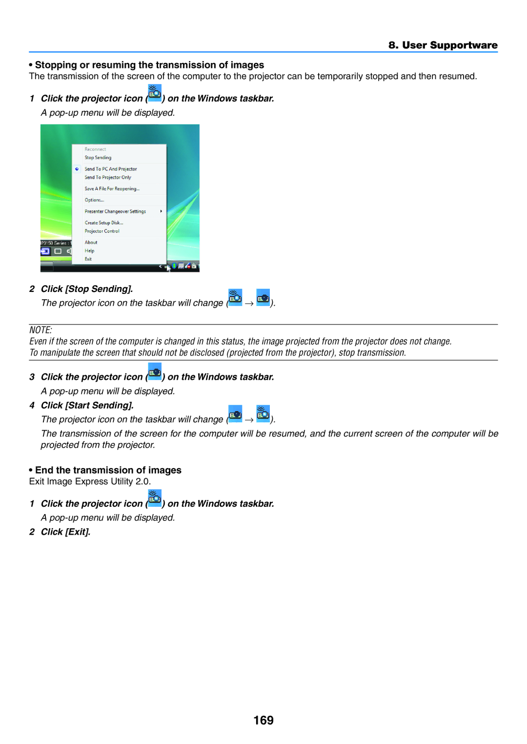 NEC NP-P350X, NP-P420X 169, Click the projector icon on the Windows taskbar, Click Stop Sending, Click Start Sending 