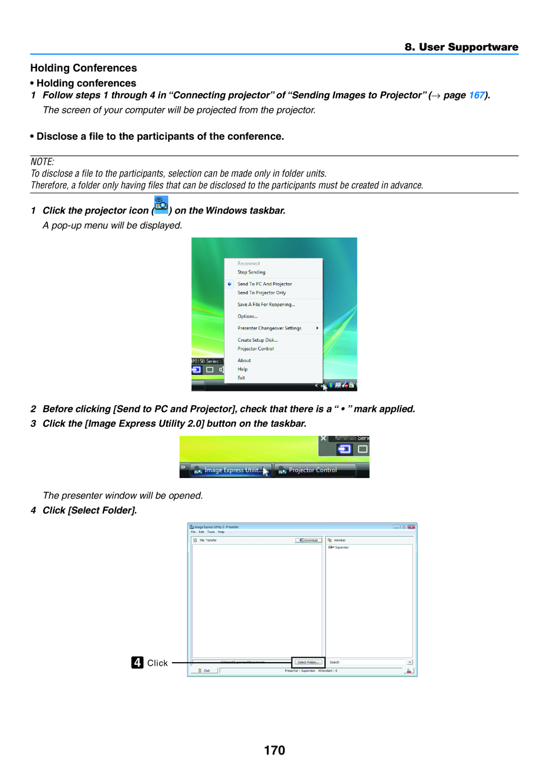 NEC NP-P350W, NP-P420X, NP-P350X 170, User Supportware Holding Conferences Holding conferences, Click Select Folder 