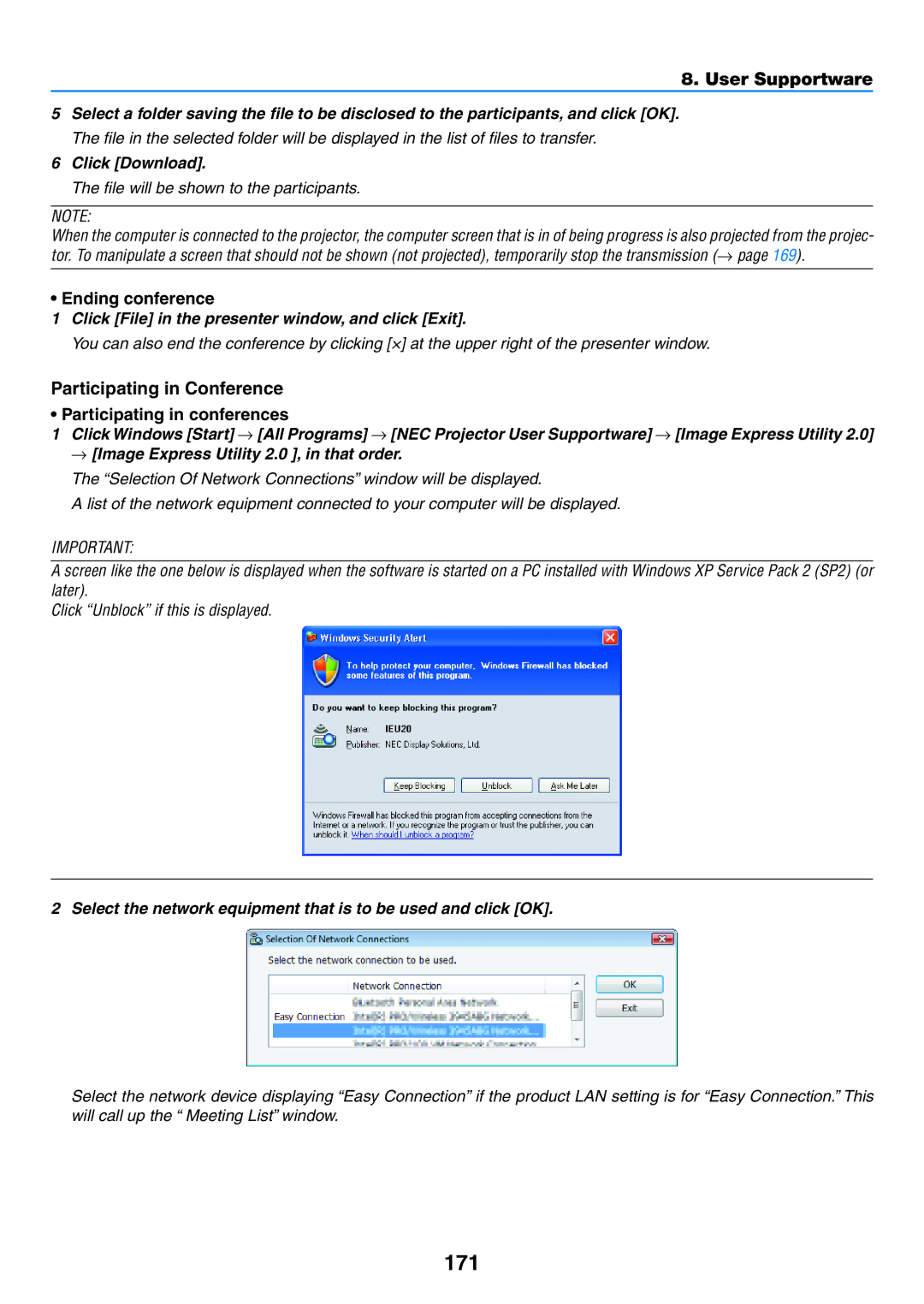 NEC NP-P420X, NP-P350X 171, Ending conference, Participating in Conference Participating in conferences, Click Download 