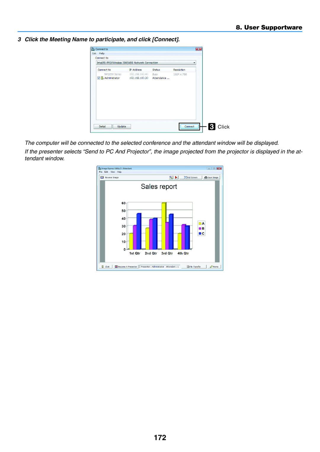 NEC NP-P350X, NP-P420X, NP-P350W user manual 172, Click the Meeting Name to participate, and click Connect 