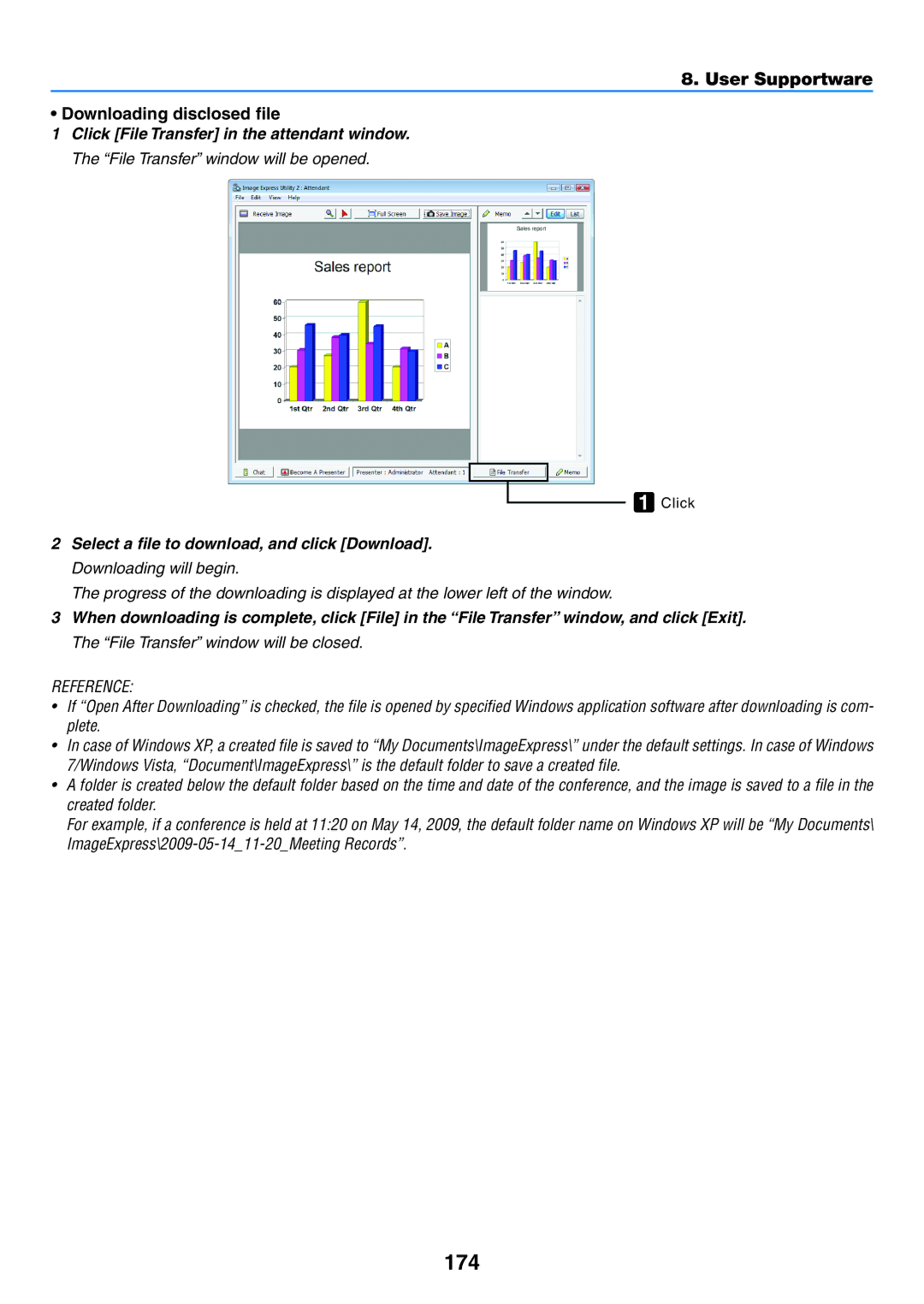 NEC NP-P420X, NP-P350X 174, User Supportware Downloading disclosed file, Click File Transfer in the attendant window 