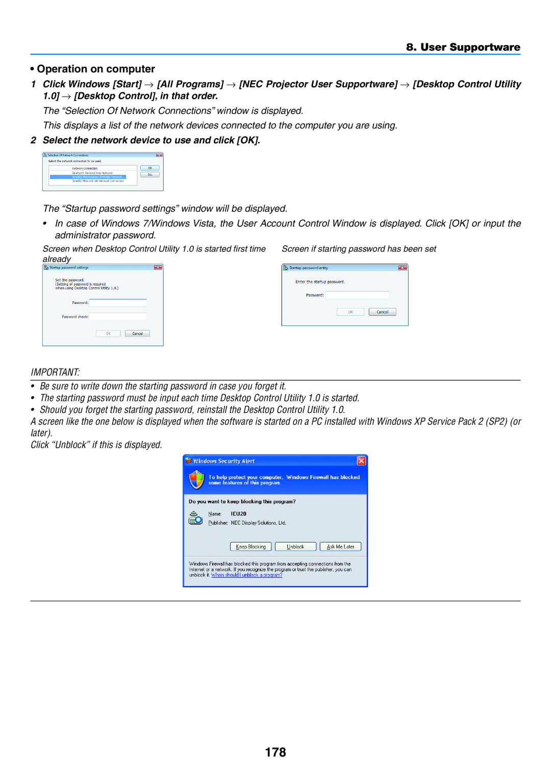 NEC NP-P350X, NP-P420X, NP-P350W 178, User Supportware Operation on computer, Select the network device to use and click OK 