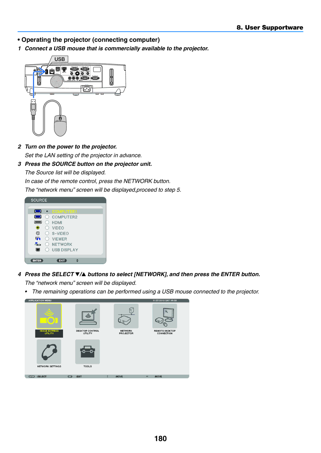 NEC NP-P420X, NP-P350X, NP-P350W 180, Turn on the power to the projector, Press the Source button on the projector unit 