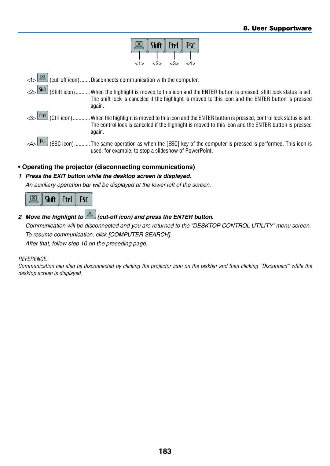 NEC NP-P420X, NP-P350X, NP-P350W user manual 183, Operating the projector disconnecting communications 