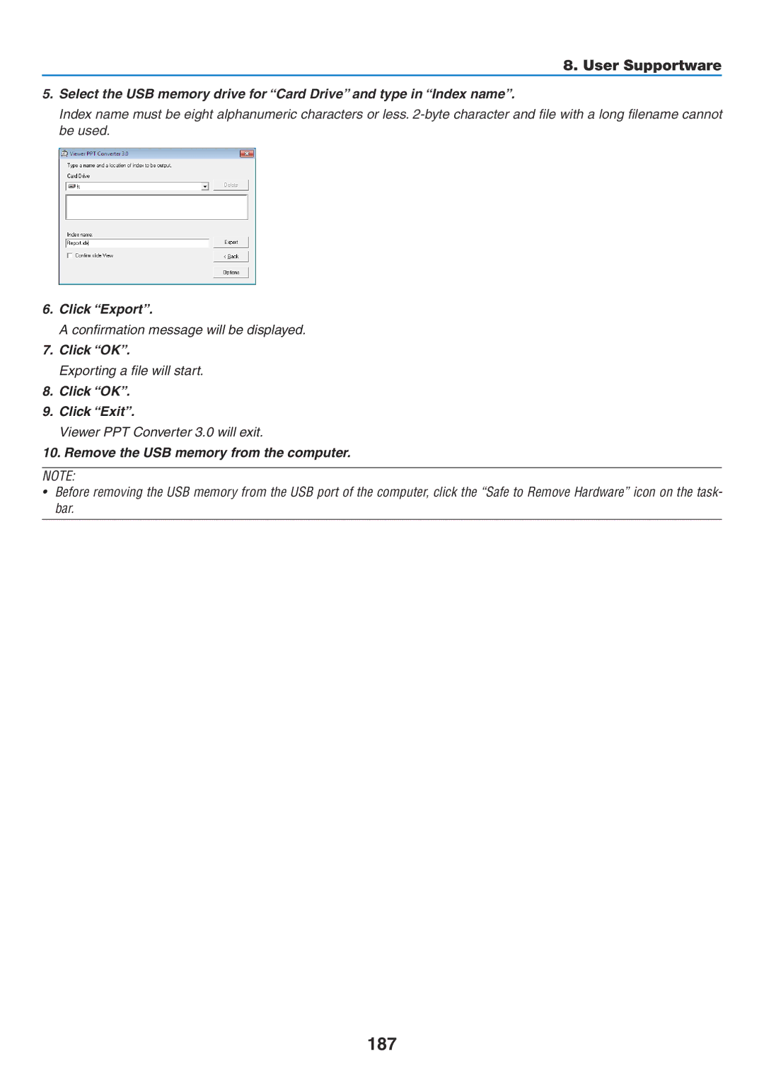 NEC NP-P350X, NP-P420X, NP-P350W user manual 187, Click Export, Click OK Click Exit, Remove the USB memory from the computer 
