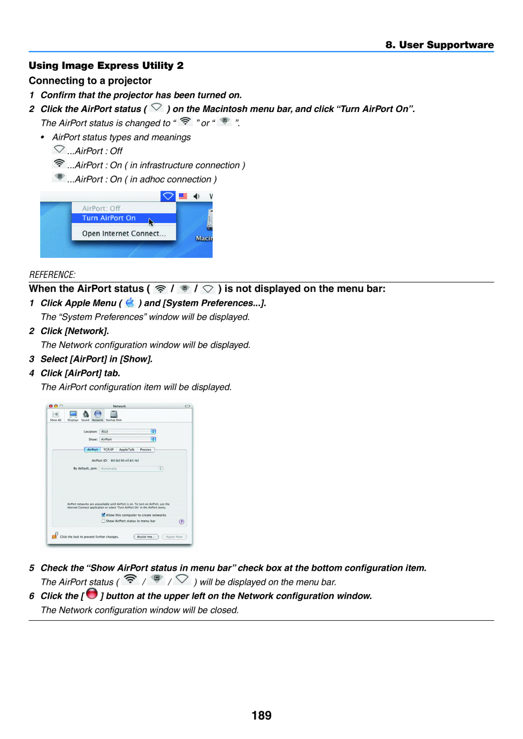 NEC NP-P420X 189, Click Apple Menu and System Preferences, Click Network, Select AirPort in Show Click AirPort tab 