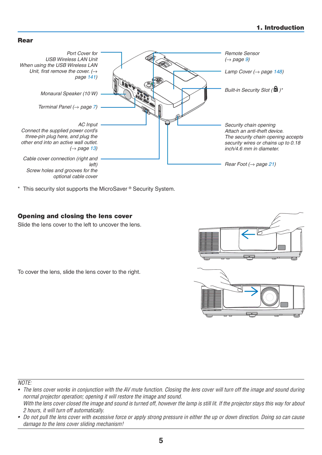 NEC NP-P350W, NP-P420X, NP-P350X user manual Introduction Rear, Opening and closing the lens cover 