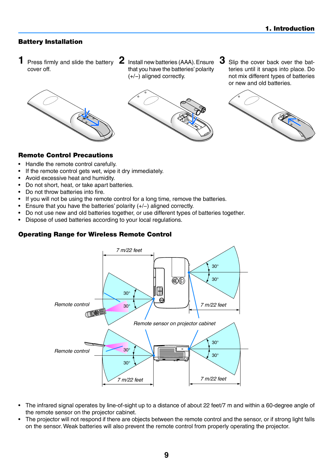 NEC NP-P420X Battery Installation, Operating Range for Wireless Remote Control, Press firmly and slide the battery 