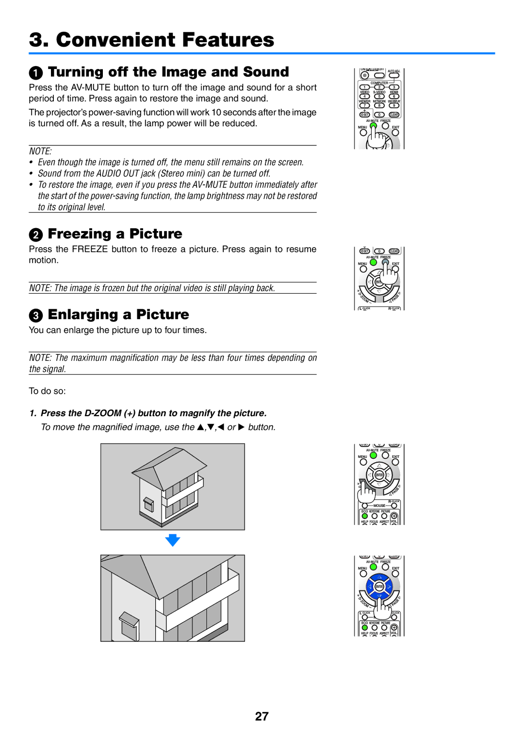 NEC NP-P420X, NP-P350X, NP-P350W user manual Turning off the Image and Sound, Freezing a Picture,  Enlarging a Picture 