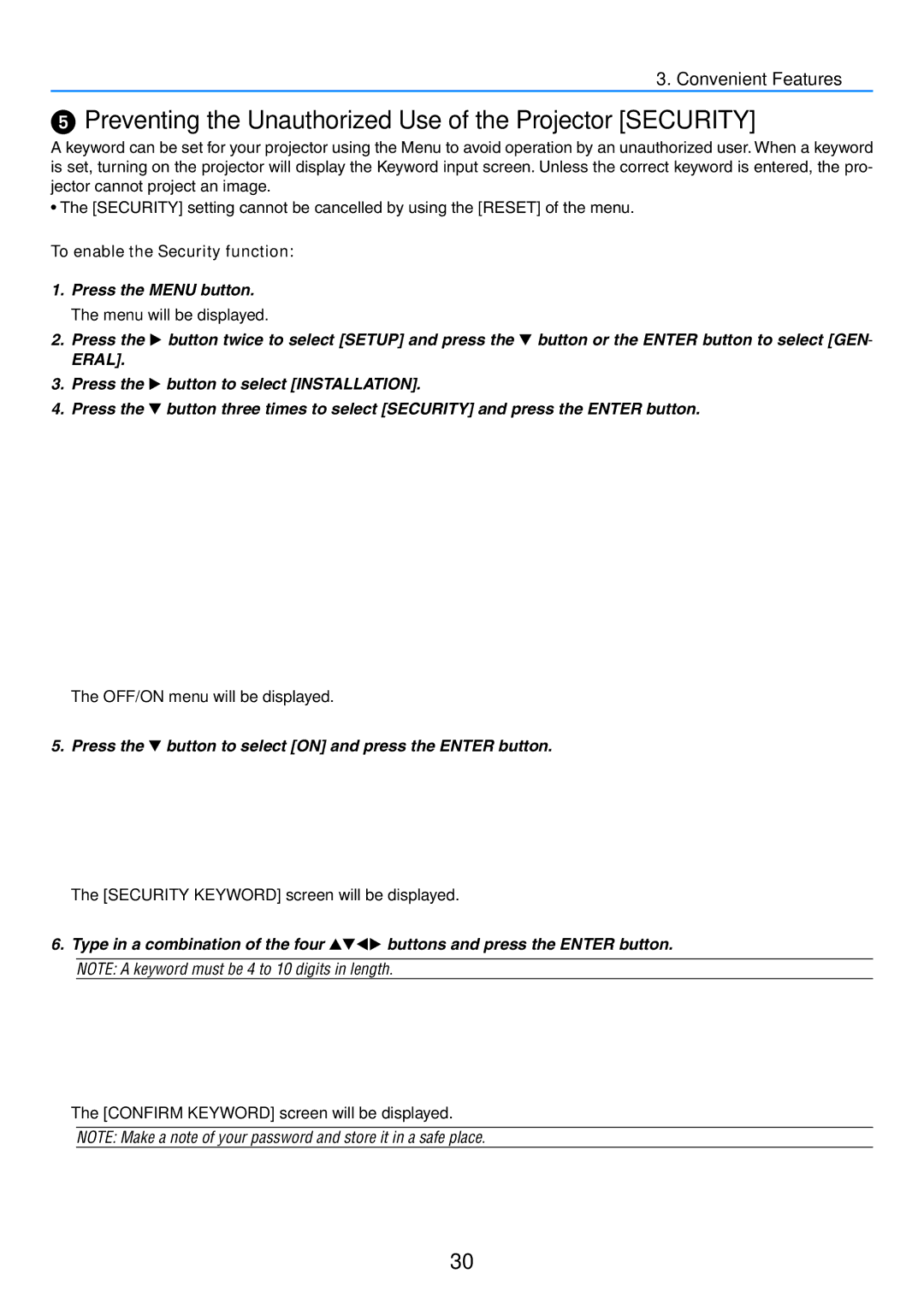 NEC NP-P420X, NP-P350X, NP-P350W Preventing the Unauthorized Use of the Projector Security, To enable the Security function 