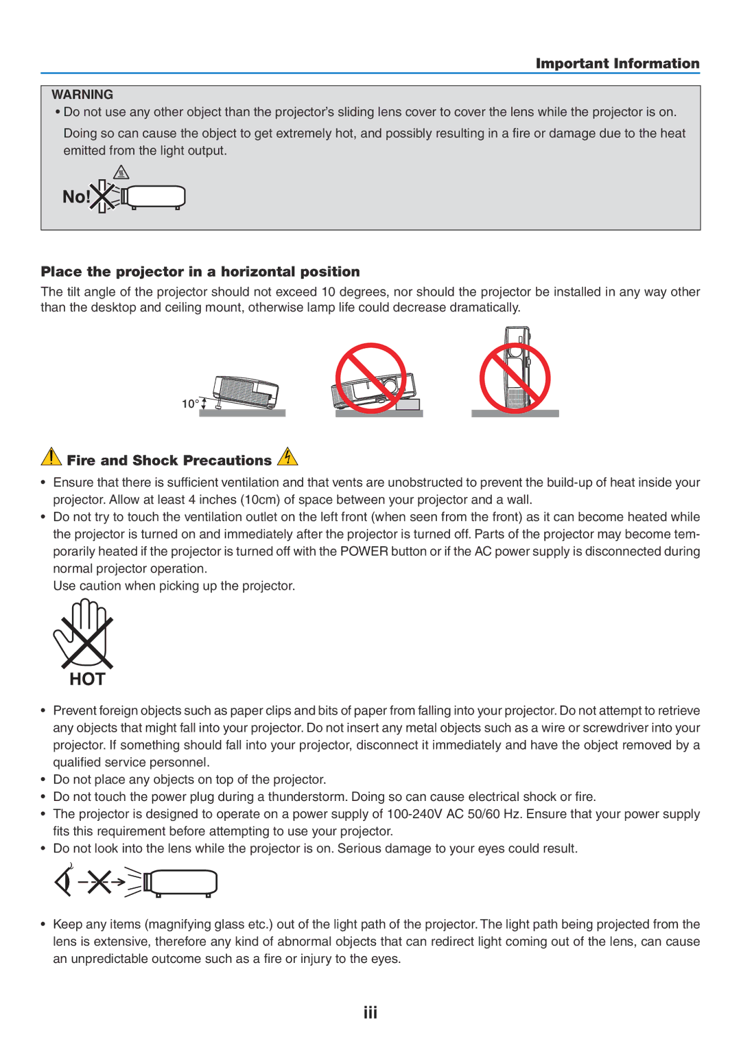 NEC NP-P350W, NP-P420X, NP-P350X user manual Iii, Place the projector in a horizontal position, Fire and Shock Precautions 