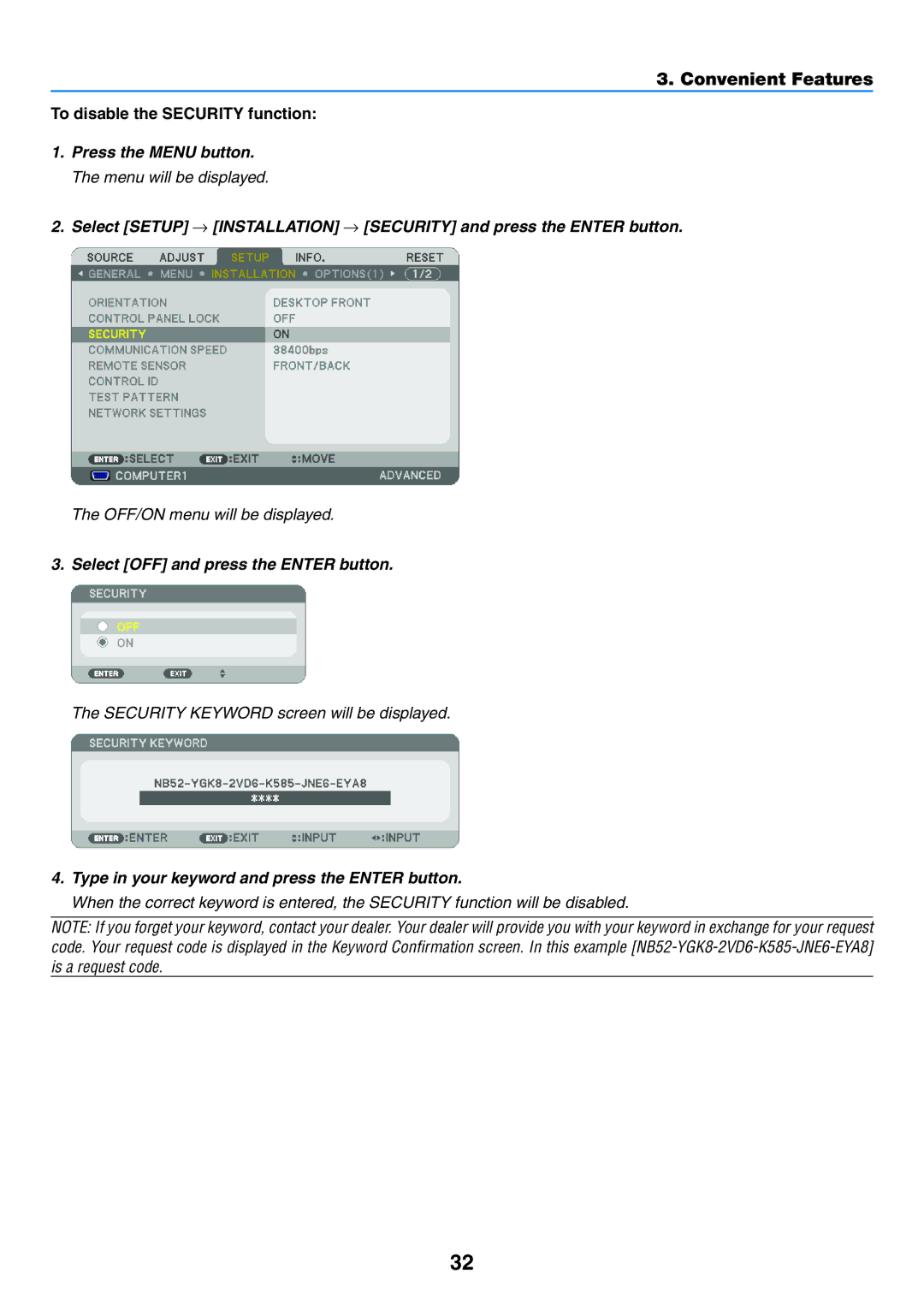 NEC NP-P350W, NP-P420X, NP-P350X user manual To disable the Security function, Select OFF and press the Enter button 