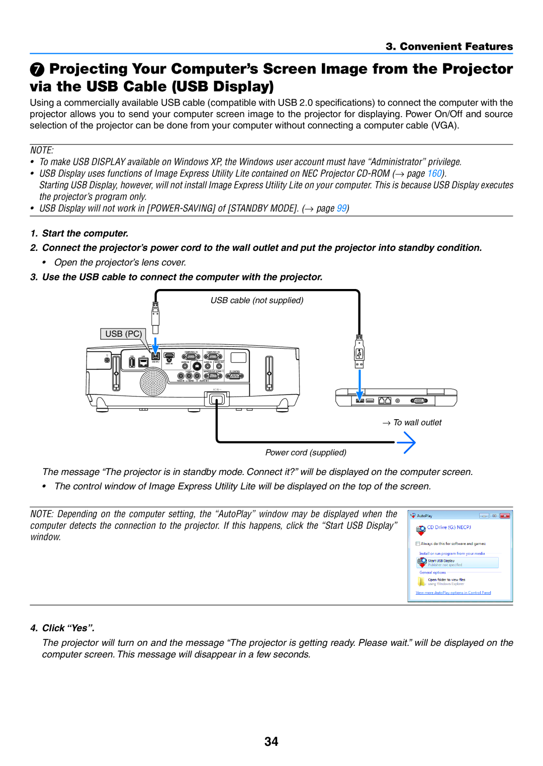 NEC NP-P350X, NP-P420X, NP-P350W user manual Use the USB cable to connect the computer with the projector, Click Yes 