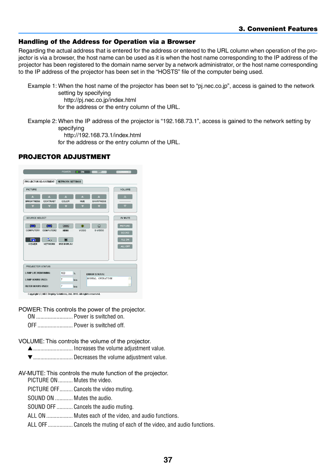 NEC NP-P350X, NP-P420X, NP-P350W user manual Projector Adjustment 