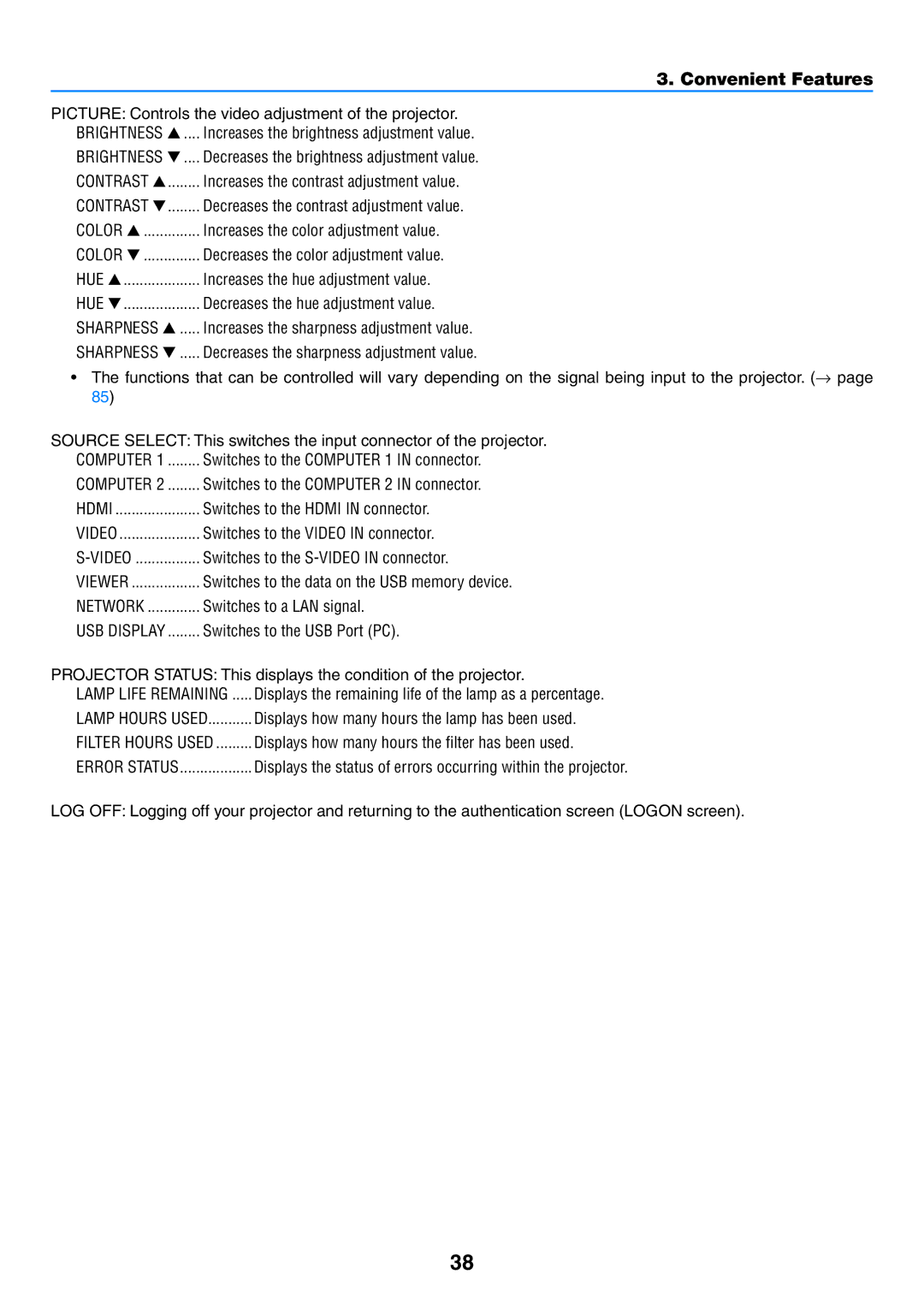 NEC NP-P350W, NP-P420X, NP-P350X user manual Displays how many hours the filter has been used 