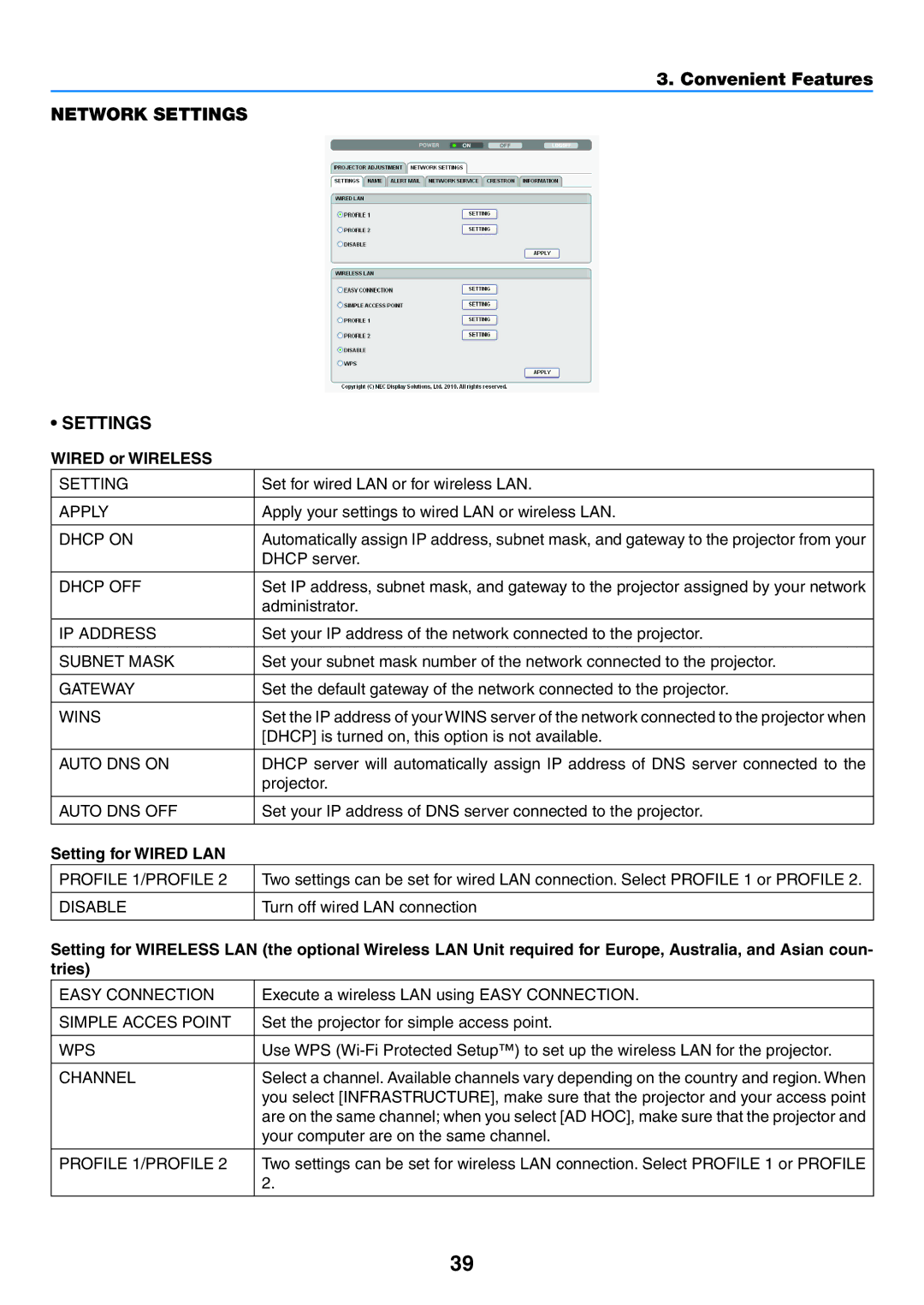 NEC NP-P420X, NP-P350X, NP-P350W user manual Network Settings, Settings Wired or Wireless, Setting for Wired LAN 