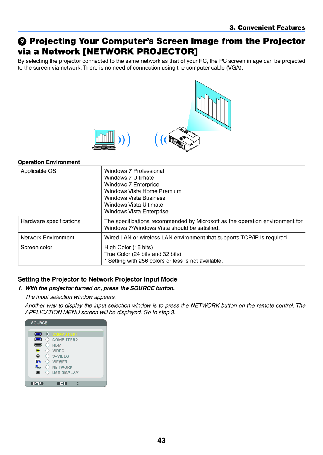 NEC NP-P350X, NP-P420X, NP-P350W user manual Setting the Projector to Network Projector Input Mode, Operation Environment 