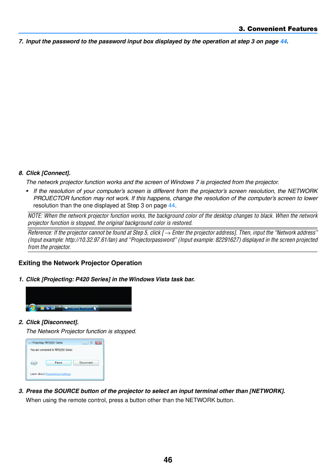 NEC NP-P350X, NP-P420X, NP-P350W user manual Exiting the Network Projector Operation 