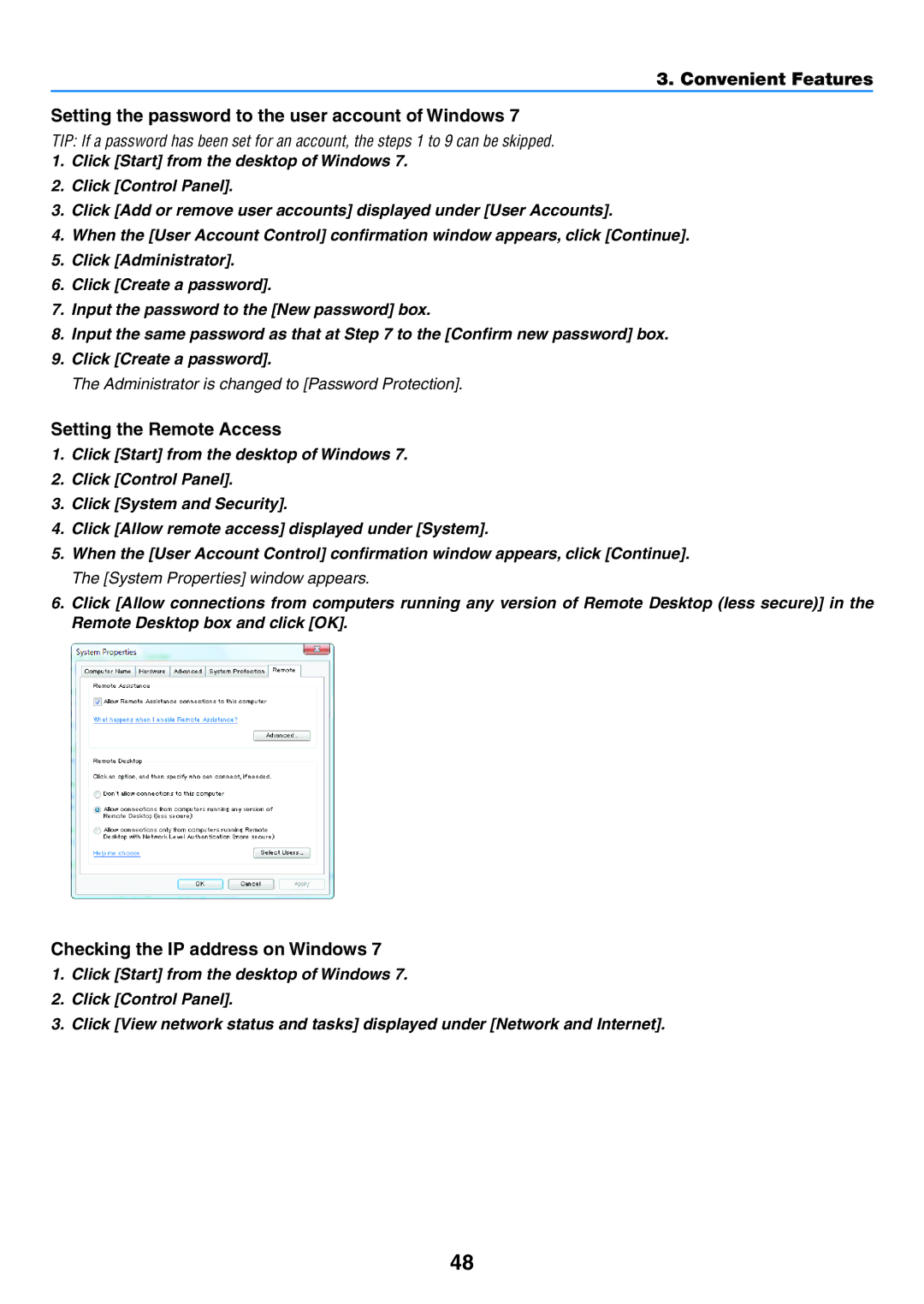 NEC NP-P420X, NP-P350X, NP-P350W user manual Setting the Remote Access, Checking the IP address on Windows 