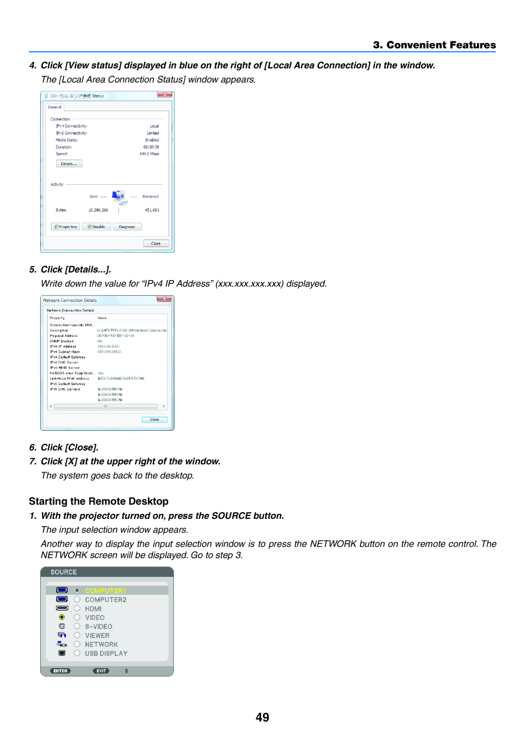 NEC NP-P350X, NP-P420X, NP-P350W user manual Starting the Remote Desktop, Click Details 