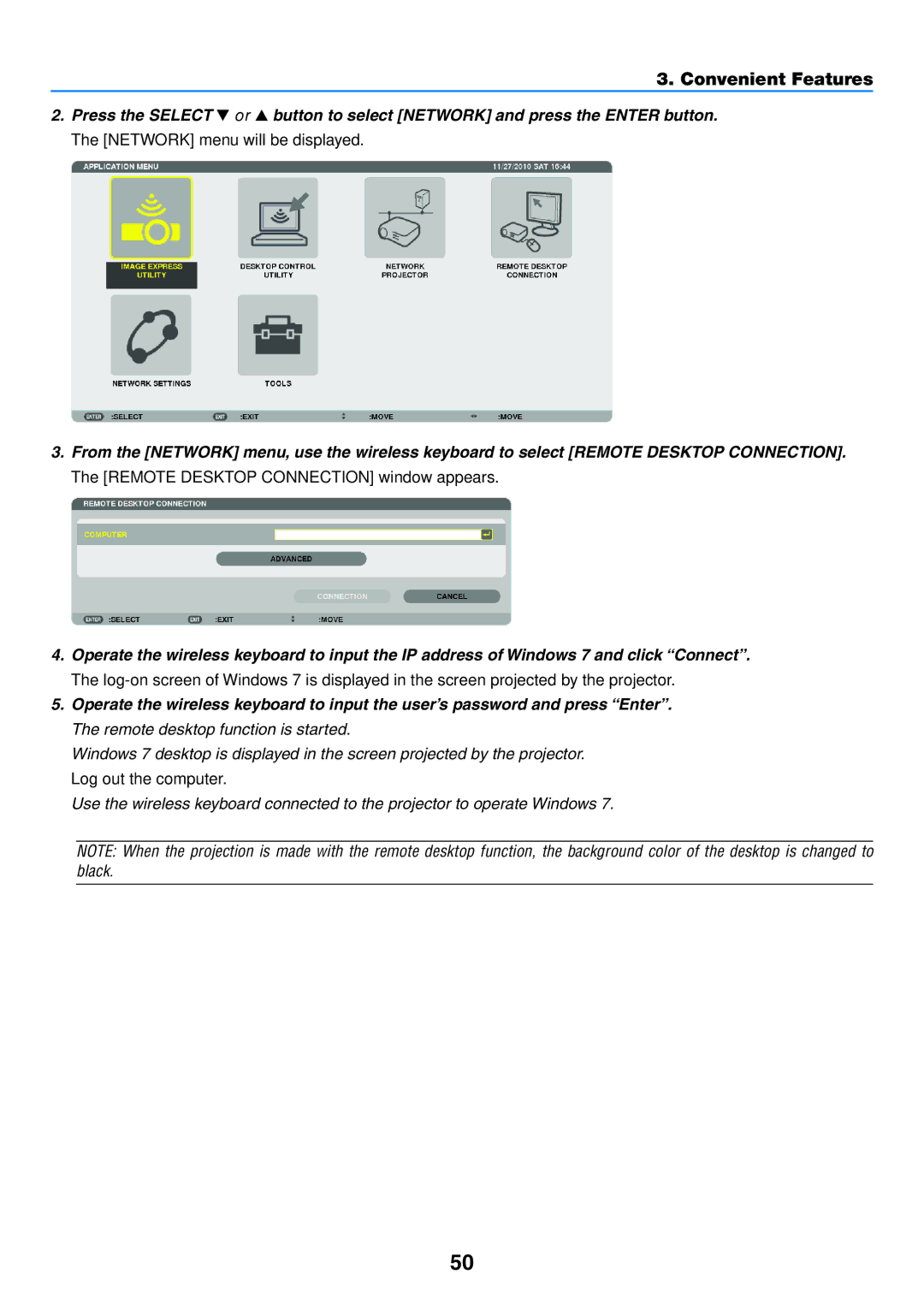 NEC NP-P350W, NP-P420X, NP-P350X user manual Network menu will be displayed 