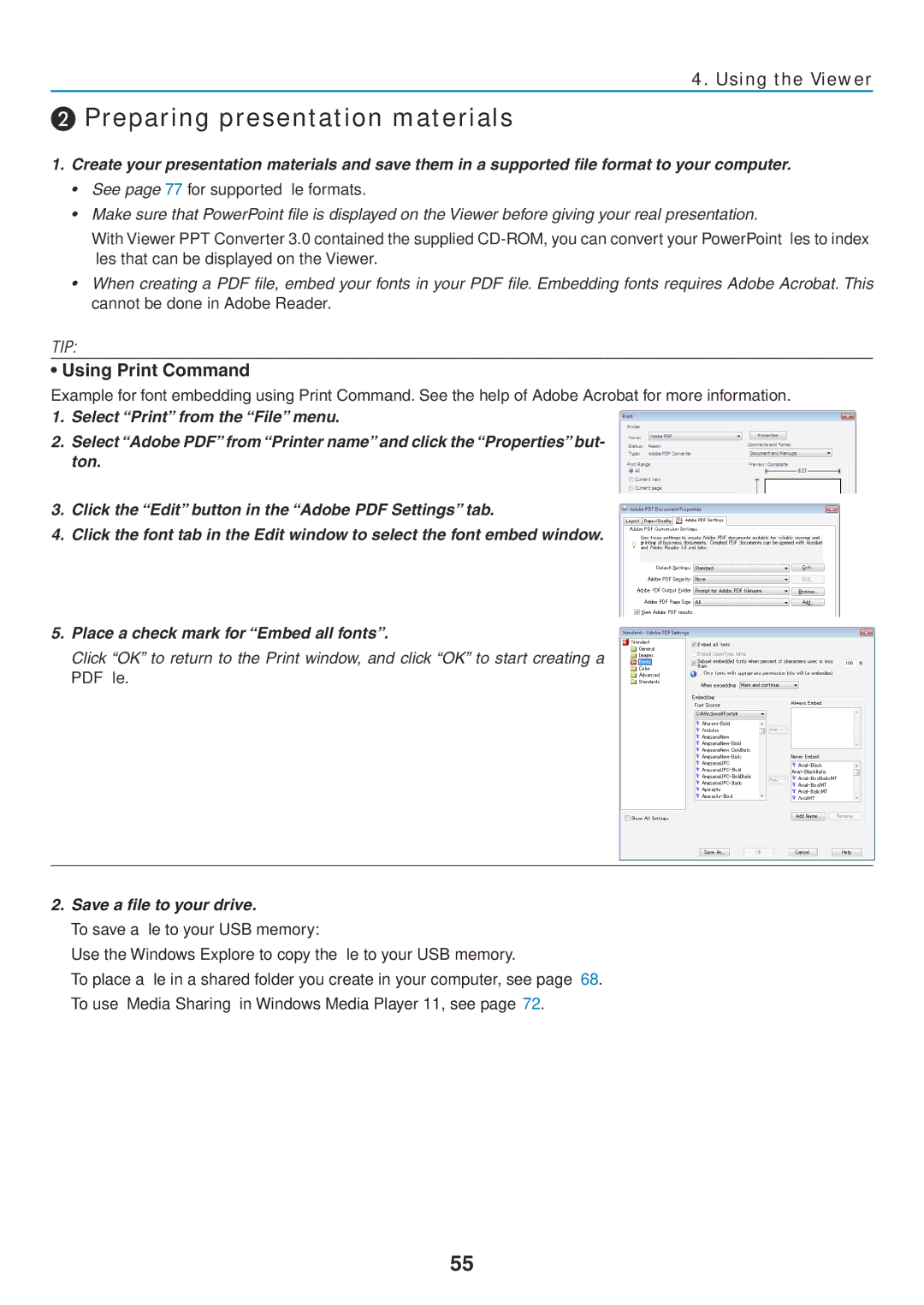 NEC NP-P350X, NP-P420X, NP-P350W ❷ Preparing presentation materials, Using Print Command, Save a file to your drive 