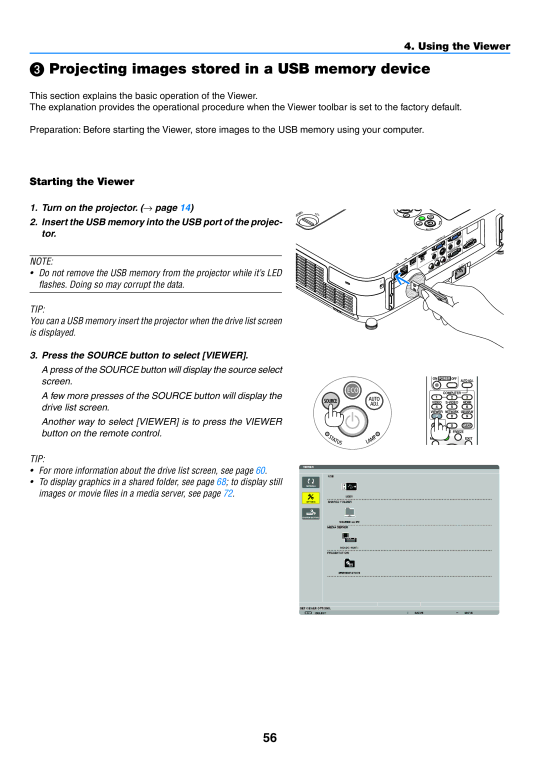 NEC NP-P350W, NP-P420X, NP-P350X user manual ❸ Projecting images stored in a USB memory device, Starting the Viewer 