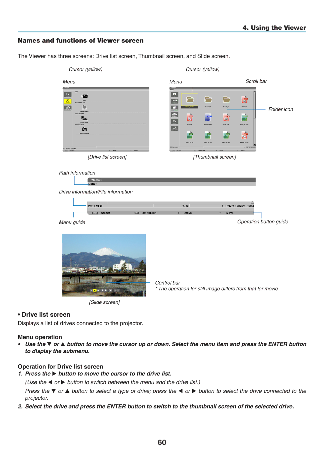 NEC NP-P420X, NP-P350X, NP-P350W Using the Viewer Names and functions of Viewer screen, Drive list screen, Menu operation 