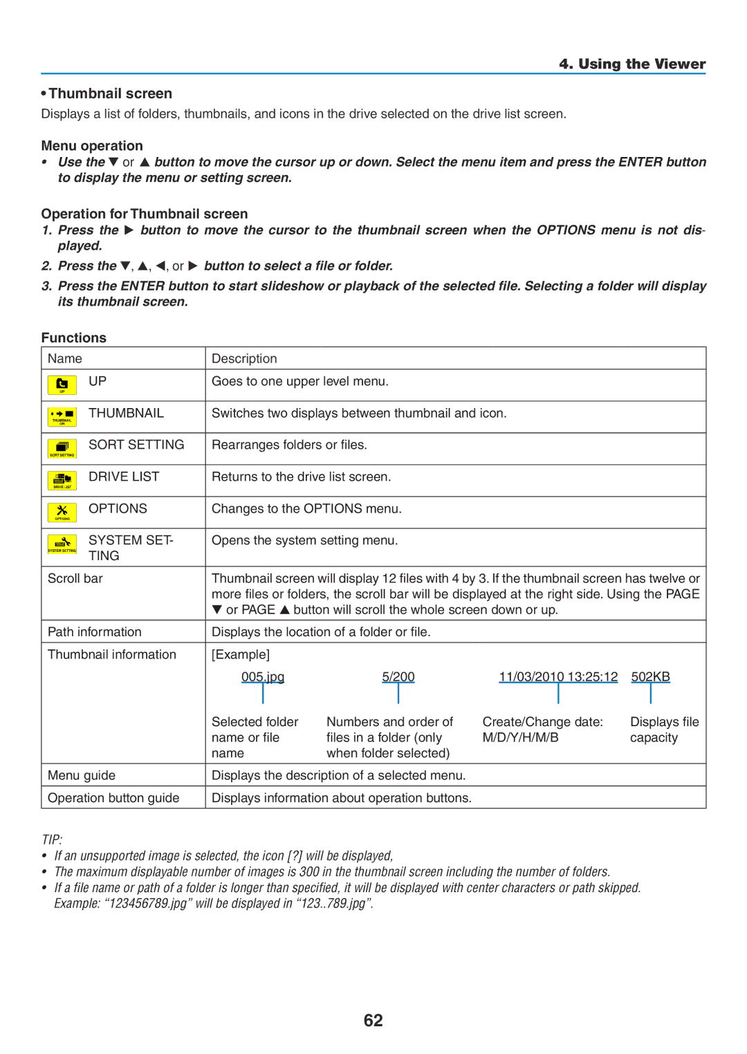 NEC NP-P350W, NP-P420X, NP-P350X user manual Using the Viewer Thumbnail screen, Operation for Thumbnail screen 