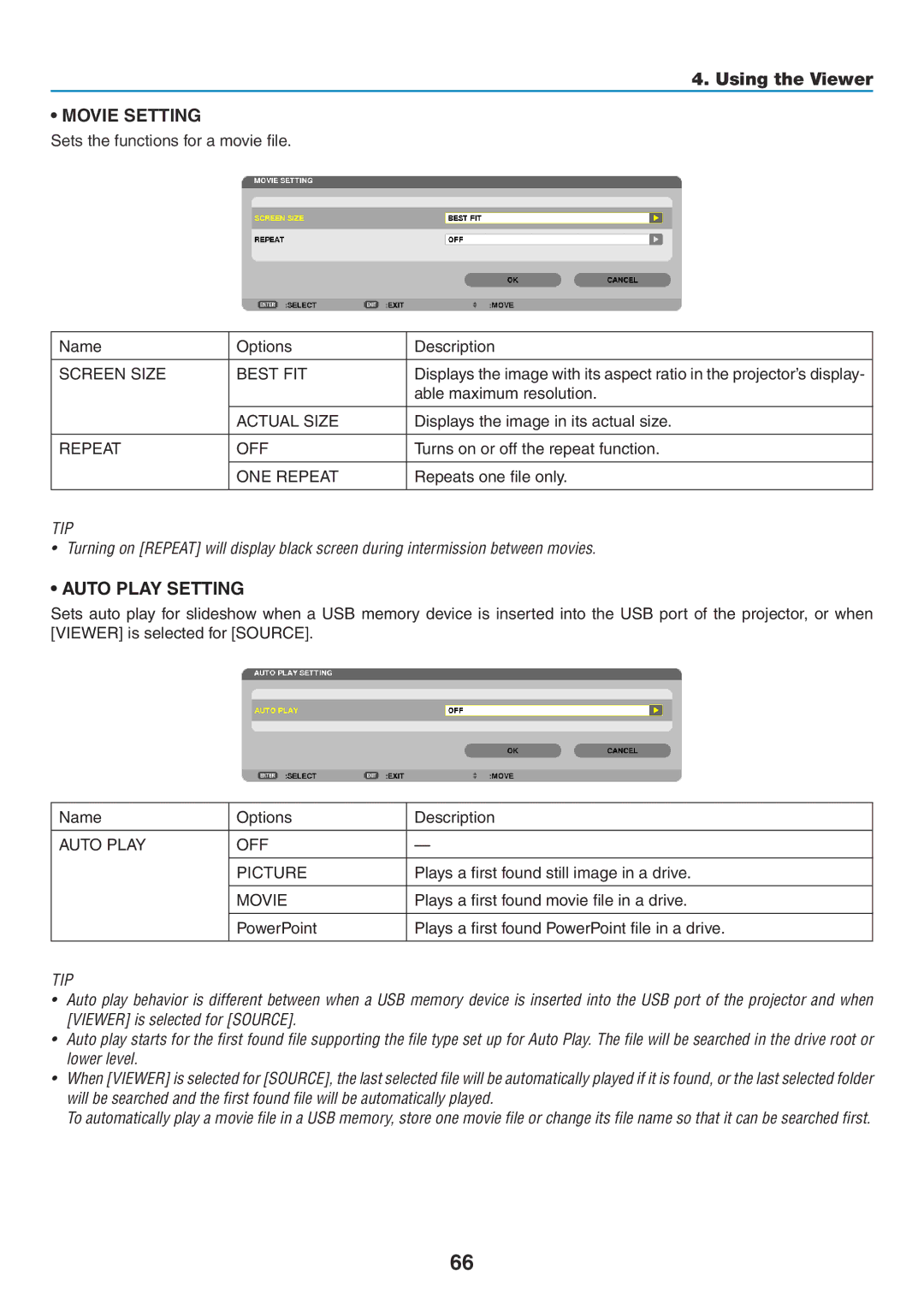 NEC NP-P420X, NP-P350X, NP-P350W user manual Repeat OFF, ONE Repeat, Auto Play OFF Picture, Movie 